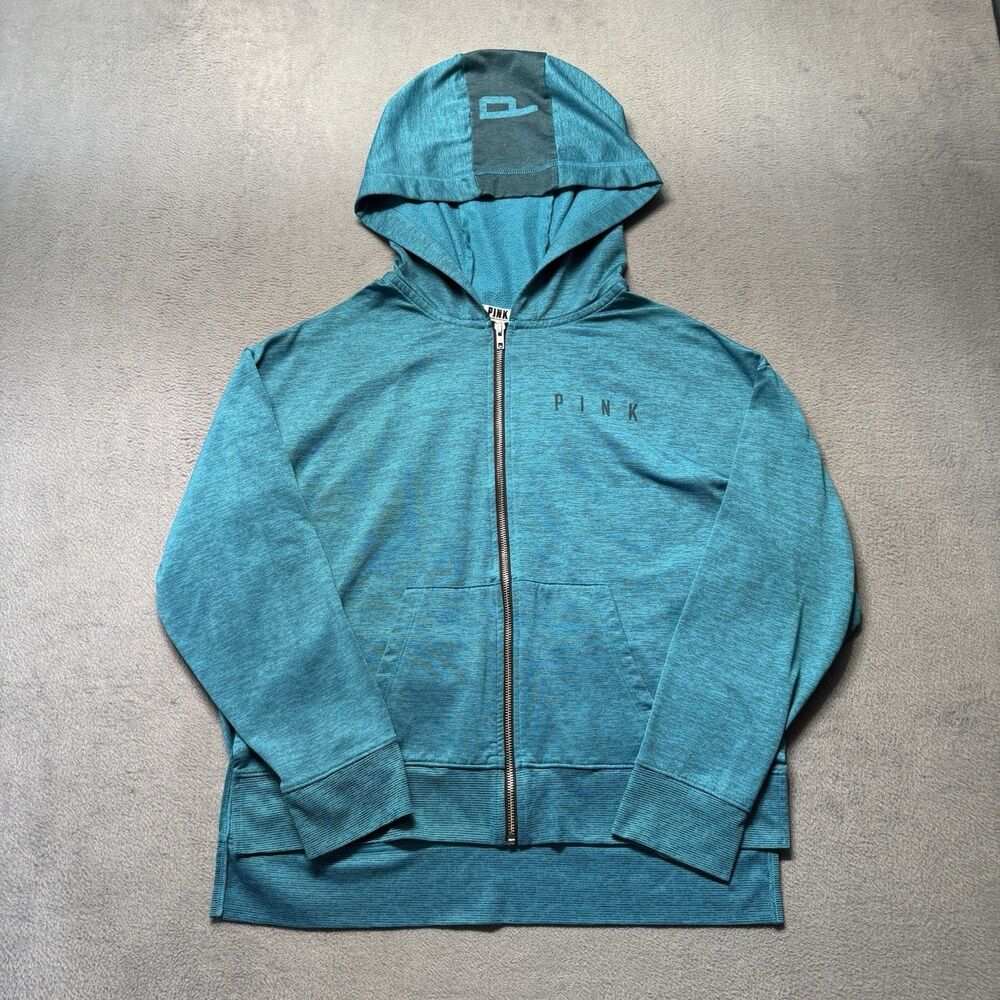 Victoria’s Secret PINK Womens Medium Hoodie Heather Blue Full Zip Fleece Logo